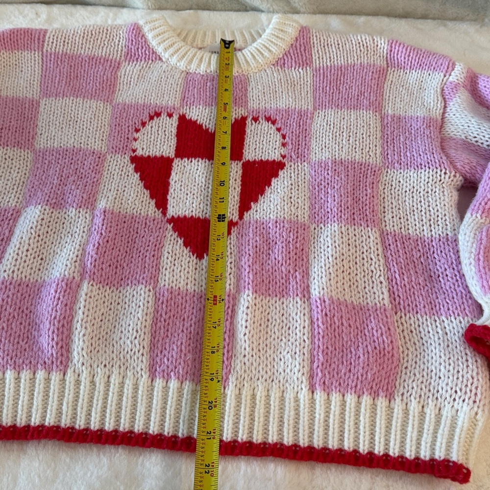 Luna Ivy Pink & White Crochet Checkered & Heart Sweater, Puff Sleeves, Cozy Soft - Picture 14 of 15
